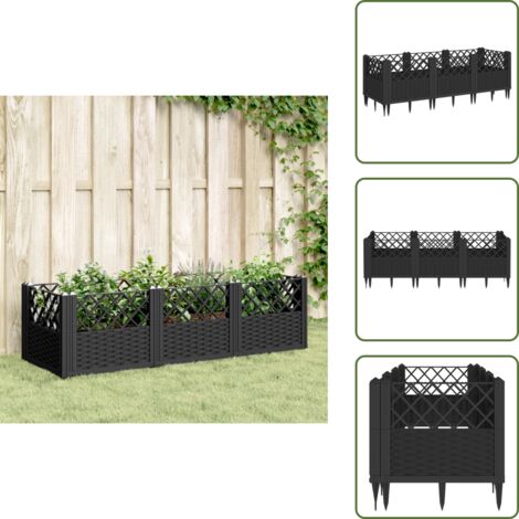 The Living Store Fioriera da Giardino con Picchetti Nera 123,5x43,5x43,5 cm PP - Orto