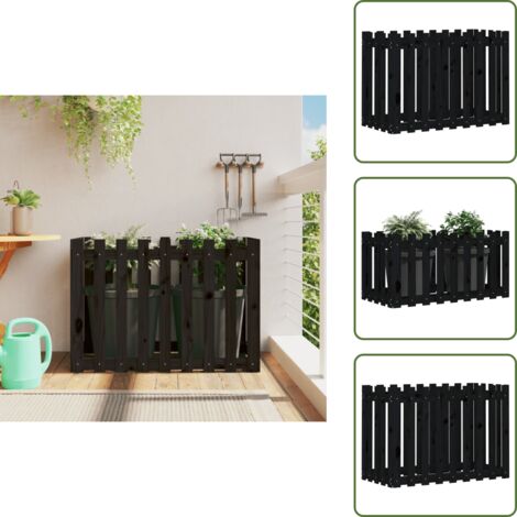 The Living Store Fioriera Giardino a Recinzione Nera 100x50x70cm Massello Pino - Fioriera in legno