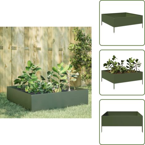 The Living Store Fioriera Rialzata Giardino Verde Oliva 100x100x25 cm Acciaio - Giardino