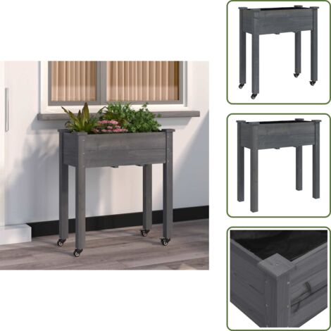 The Living Store Fioriera Ruote e Fodera Grigia 71x37x80cm Legno Massello Abete - Fioriera da giardino