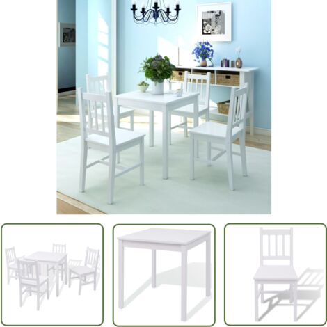 The Living Store Fünfteiliges Esstisch-Set Pinienholz Weiß - Esstisch Set - Esszimmermöbel - Pinienholzmöbel - Weißer Esstisch - Küchenstuhl