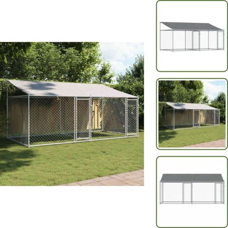 The Living Store Gabbia Cani con Tetto e Porte Grigia 4x2x2 m in Acciaio Zincato - Gabbia da esterno