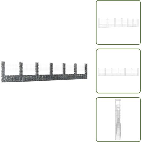 The Living Store Gabbione a U con 7 Pali in Ferro 740x20x150 cm - Parete in rete
