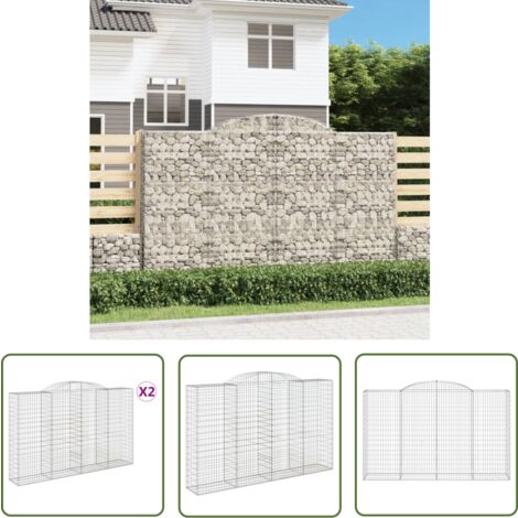 The Living Store Gabionen mit Hochbogen 2 Stk. 300x50x180/200cm Verzinktes Eisen - Gabionen - Gartendeko - Gartenzubehör - Zaun - Sichtschutz