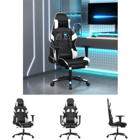 The Living Store Gaming-Stuhl mit Fußstütze Schwarz und Weiß Kunstleder - Gaming-Sessel