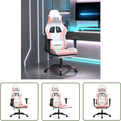 The Living Store Gaming-Stuhl mit Massage & Fußstütze Weiß & Rosa Kunstleder - Gaming-Stuhl - Gamer Chair - Bürostuhl - Ergonomischer Stuhl - Massagesessel