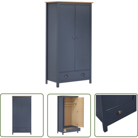 The Living Store Garde-robe à 2 portes Hill Gris 89x50x170cm Bois de pin solide - Garderobe - Armoire - Meuble De Rangement - Dressing - Commode