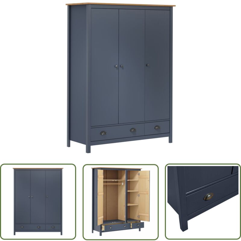 The Living Store - Garde-robe à 3 portes Hill Gris 127x50x170 cm Pin solide - Garderobe - Armoire - Meuble De Rangement - Dressing - Commode