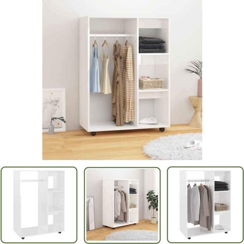 The Living Store - Garde-robe Blanc brillant 80x40x110 cm Bois d'ingénierie - Garderobe Blanche - Meuble Rangement - Armoire Mobile - Dressing Blanc