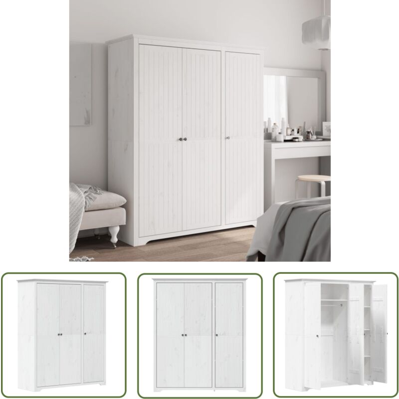The Living Store - Garde-robe bodo blanc 146x53,5x173 cm bois massif de pin - Meuble De Rangement - Armoire Blanche - Armoire à Vêtements - Dressing