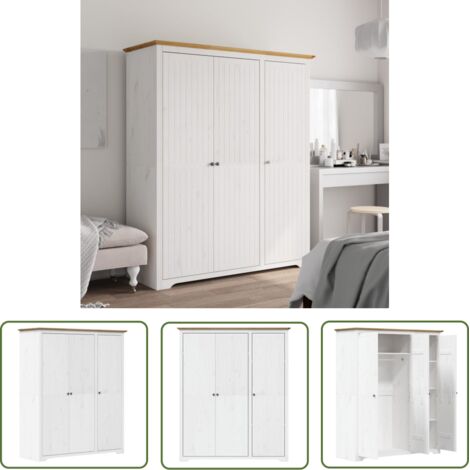 The Living Store Garde-robe BODO blanc marron 146x53,5x173 cm bois massif de pin - Meuble De Rangement - Armoire - Placard - Dressing - Meuble De Chambre