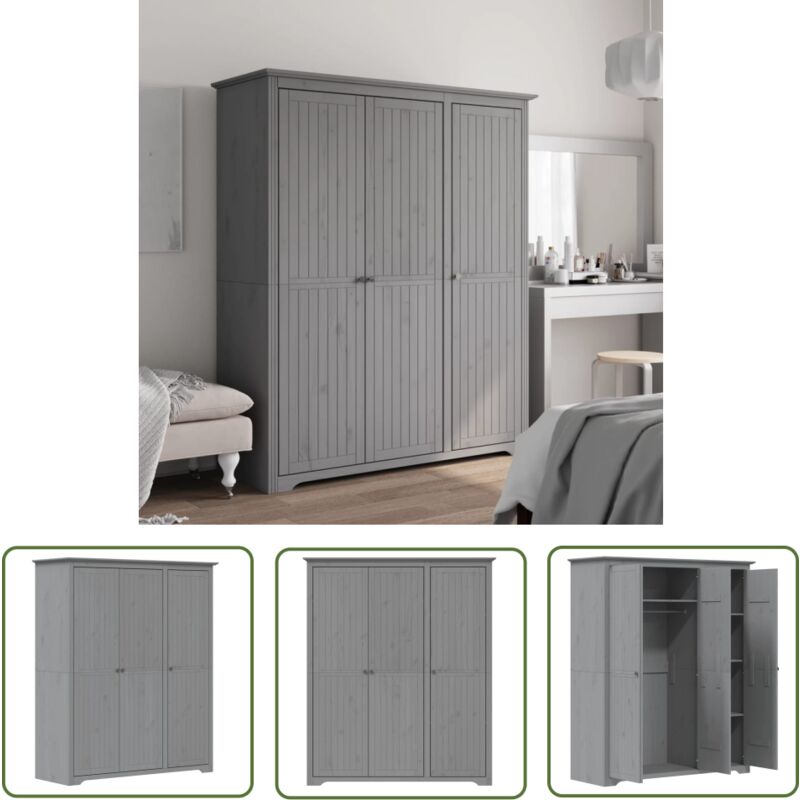 The Living Store - Garde-robe bodo gris 146x53,5x173 cm bois massif de pin - Meuble De Rangement - Armoire - Placard - Dressing - Meuble De Chambre