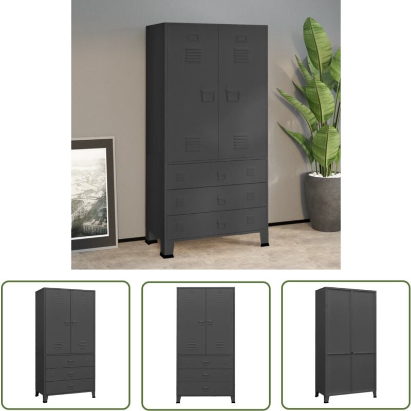 The Living Store - Garde-robe industrielle Anthracite 90x50x180 cm Métal - Armoire Métallique - Meuble Industriel - Rangement Intérieur - Placard