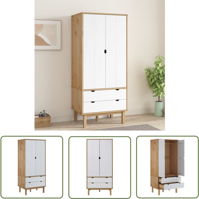 The Living Store - Garde-robe otta Marron et blanc 76,5x53x172 cm Bois massif pin - Armoire - Meuble Rangement - Placard - Dressing - Bois Massif