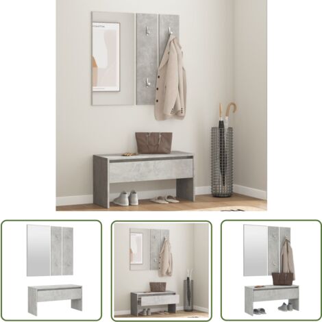 The Living Store Garderoben-Set Betongrau Holzwerkstoff - Flurbank - Garderobe - Spiegel - Eingangsbereich Möbel - Wohnzimmerdeko