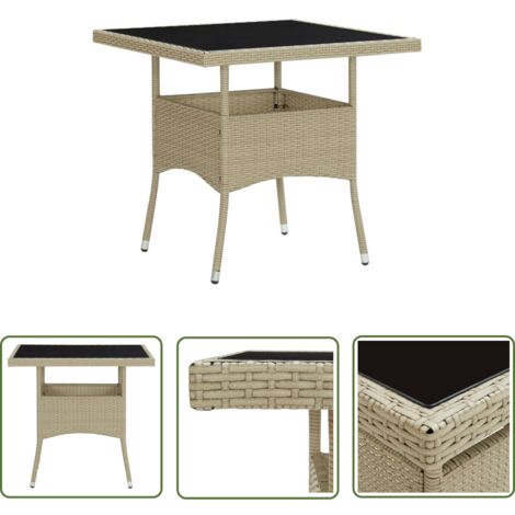 The Living Store Garten-Esstisch Beige Poly Rattan und Glas - Gartenstuhl - Esstisch - Balkonmöbel - Terrassenmöbel - Rattan Möbel