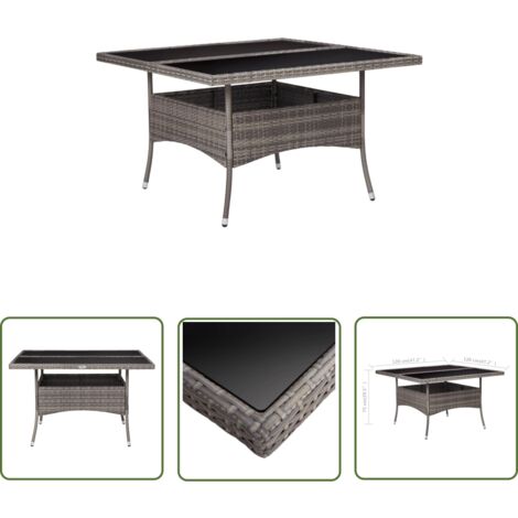 The Living Store Garten-Esstisch Grau Poly Rattan und Glas - Gartenstuhl - Esstisch - Outdoor Möbel - Terrassenmöbel - PE-Rattan