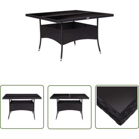 The Living Store Garten-Esstisch Schwarz Poly Rattan und Glas - Gartenstuhl - Outdoor Möbel - Esstisch Set - Balkonmöbel - Terrassenmöbeln