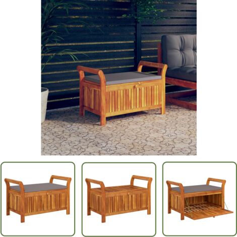 The Living Store Garten-Truhenbank mit Kissen 91 cm Massivholz Akazie - Holzbank - Gartenbank - Truhenbank - Stauraumbank - Outdoor Möbel