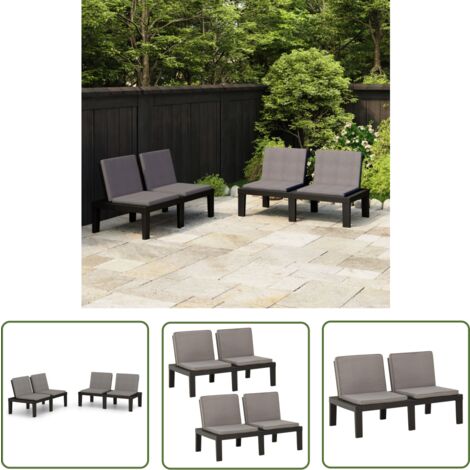The Living Store Gartenbänke mit Kissen 2 Stk. Kunststoff Grau - Gartenzubehör - Gartenbank - Outdoor Möbel - Balkonmöbel - Terrasse