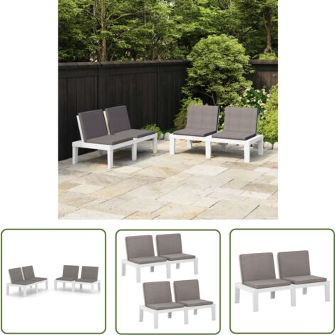 The Living Store Gartenbänke mit Kissen 2 Stk. Kunststoff Weiß - Gartenzubehör - Gartenbank - Outdoor Möbel - Balkonmöbel - Terrasse