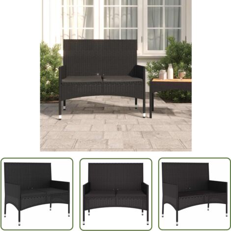 The Living Store Gartenbank 2-Sitzer mit Kissen Schwarz Poly Rattan - Gartenbank - Outdoor Möbel - Balkonmöbeln - Rattan Gartenmöbel - Gartenlounge