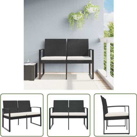 The Living Store Gartenbank 2-Sitzer mit Kissen Schwarz PP-Rattan - Gartenbank - Outdoor Möbel - Gartenmöbel - Balkonmöbel - Esszimmergarnitur