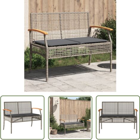The Living Store Gartenbank mit Kissen Grau Poly Rattan Akazienholz - Gartenzubehör - Gartenbank - Outdoor Möbel - Gartenstuhl - Balkonmöbel