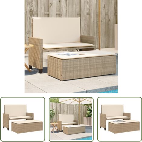 The Living Store Gartenbank mit Kissen und Hocker Beige Poly Rattan - Gartenbank - Outdoor Furniture - Rattan Gartenmöbel - Gartenstuhl - Lounge Set