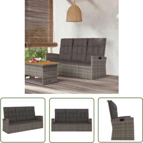 The Living Store Gartenbank mit Liegefunktion & Kissen Grau 173 cm Poly Rattan - Gartenbank - Relaxbank - Gartenmöbeln - Rattan Möbel - Outdoor Möbel