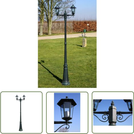 The Living Store Gartenlaterne 2-flammig 215 cm Dunkelgrün/Schwarz Aluminium - Gartenleuchte - Laterne - Außenscheinwerfer - LED-Beleuchtung - Outdoor-Licht