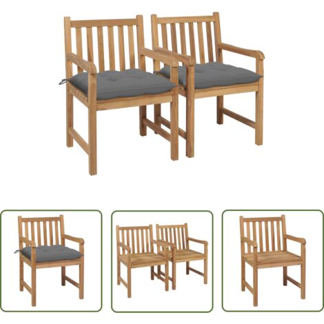 The Living Store Gartenstühle 2 Stk. mit Grauen Kissen Massivholz Teak - Gartenstühle - Teakholz Gartenmöbel - Ausziehbarer Stuhl - Outdoor Möbel - Balkonmöbel