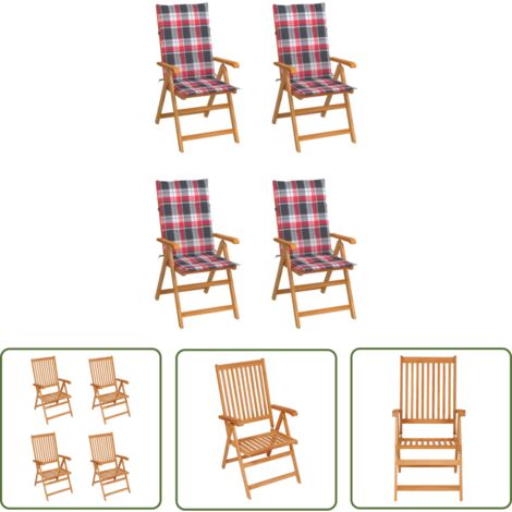 The Living Store Gartenstühle 4 Stk. Rote Karomuster-Kissen Massivholz Teak - Gartensaison - Gartenmöbel - Gartenstühle - Teakholz - Outdoor Furniture