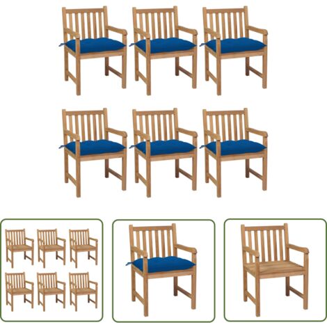 The Living Store Gartenstühle 6 Stk. mit Blauen Kissen Massivholz Teak - Gartenstühle - Holzmöbel - Teakholz - Outdoormöbel - Gartenmöbelset