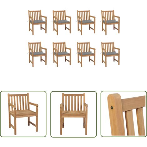 The Living Store Gartenstühle 8 Stk. mit Grauen Kissen Massivholz Teak - Gartenstühle - Teakholz Gartenmöbel - Outdoor Möbel - Garten Dekoration - Landhausstil