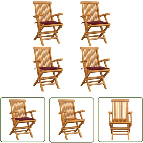 The Living Store Gartenstühle mit Weinroten Kissen 4 Stk. Massivholz Teak - Gartensessel - Gartenmöbel - Teak Gartenstuhl - Holzsessel - Outdoor Sessel