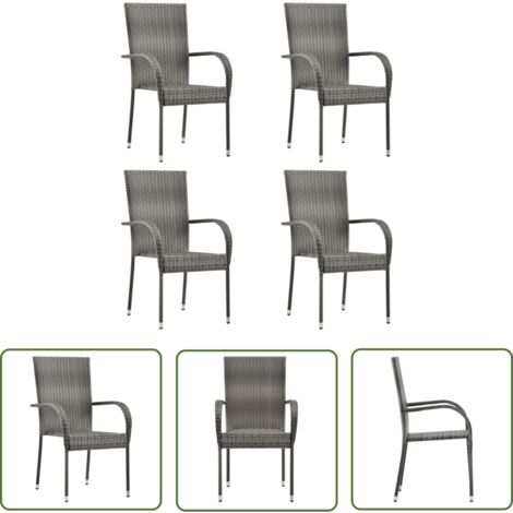 The Living Store Gartenstühle Stapelbar 4 Stk. Grau Poly Rattan - Gartensaßsessel - Stapelbare Gartenstühle - Gartenmöbel Set - Outdoor Möbel - Rattan Sessel