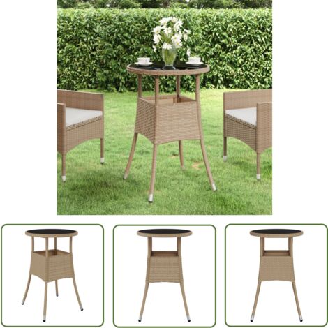 The Living Store Gartentisch Ø60x75 cm Hartglas und Poly Rattan Beige - Gartentisch - Polyrattan Tisch - Outdoor Tisch - Esstisch - Balkontisch