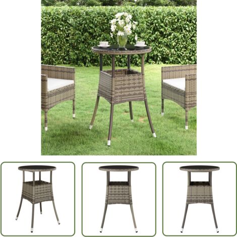 The Living Store Gartentisch Ø60x75 cm Hartglas und Poly Rattan Grau - Gartentisch - Polyrattan Tisch - Outdoor Tisch - Esstisch - Balkontisch