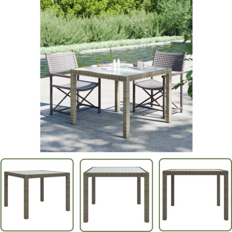 The Living Store Gartentisch 90x90x75 cm Gehärtetes Glas Poly Rattan Grau - Gartentisch - Outdoor-Tisch - Polyrattan Tisch - Gartenmöbel - Balkonmöbel