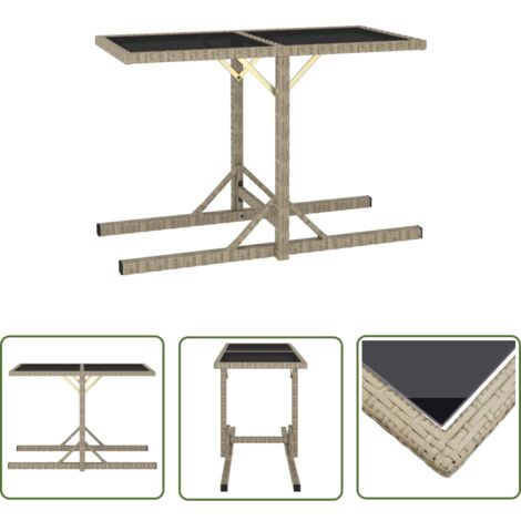 The Living Store Gartentisch Beige 110×53×72 cm Glas und Poly Rattan - Gartentisch - Esstisch - Terrassenmöbel - Outdoor Möbel - Polyrattan Tisch