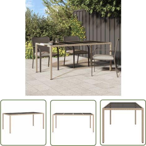 The Living Store Gartentisch Beige 190x90x75 cm Gehärtetes Glas und Poly Rattan - Esstisch - Gartentisch - Rattan Tisch - Balkontisch - Terrassenmöbel