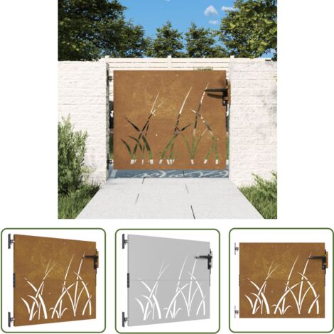 The Living Store Gartentor 85x100 cm Cortenstahl Gras-Design - Cortenstahl Tor - Gartentor - Zaun - Edelstahl Tor - Wetterfest