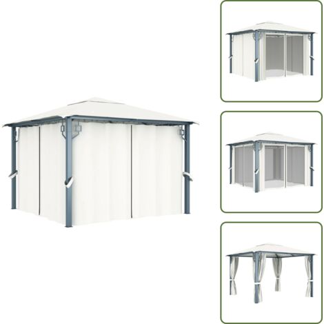 The Living Store Gazebo con Tenda 300 x 300 cm Crema Alluminio - Gazebo con tenda