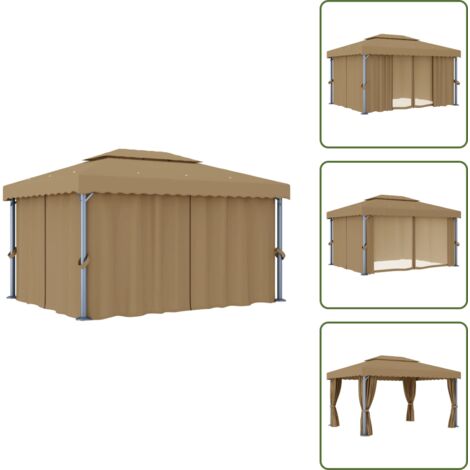 The Living Store Gazebo con Tende 4x3 cm Grigio Talpa in Alluminio - Gazebo con tende