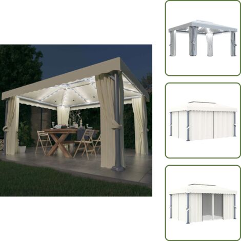 The Living Store Gazebo con Tende e Stringa di Luci LED 4x3 m Bianco Crema - Gazebo con tende
