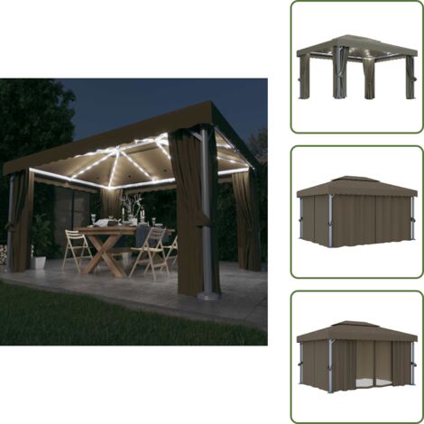 The Living Store Gazebo con Tende e Stringa di Luci LED 4x3 m Grigio Talpa - Gazebo con luci LED