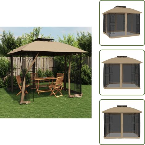 The Living Store Gazebo con Tetto Doppio/Pareti Rete Tortora 2,94x2,94 m Acciaio - Gazebo con pareti in rete