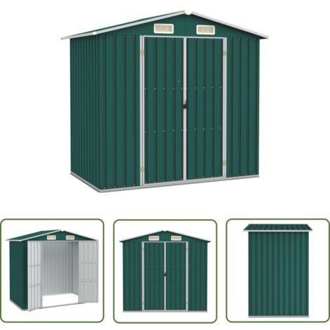 The Living Store Gerätehaus Grün 205x129x183 cm Verzinkter Stahl - Gartenschuppen - Gerätehaus - Stahltaraffen - Outdooraufbewahrung - Werkzeuglagerung