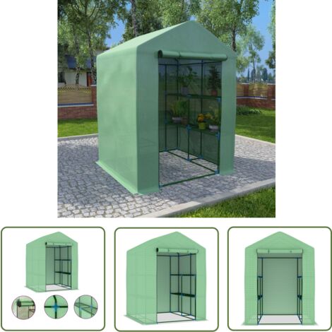 The Living Store Gewächshaus mit Ablagen Stahl 143x143x195 cm - Gewächshaus - Pflanzenhaus - Gartenhaus - Stahldach - Grünes Gewächshaus